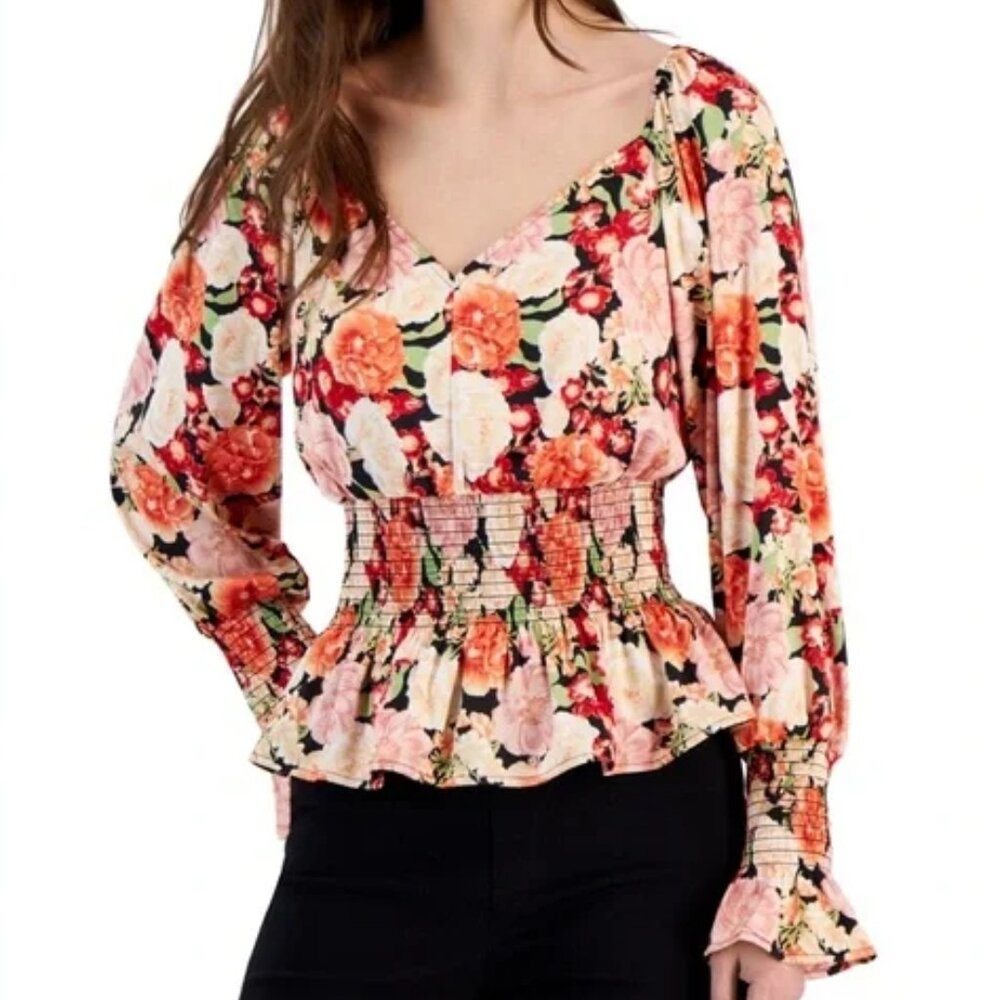 🌸 I.N.C. International Concepts Floral Smocked Peasant Blouse – XL